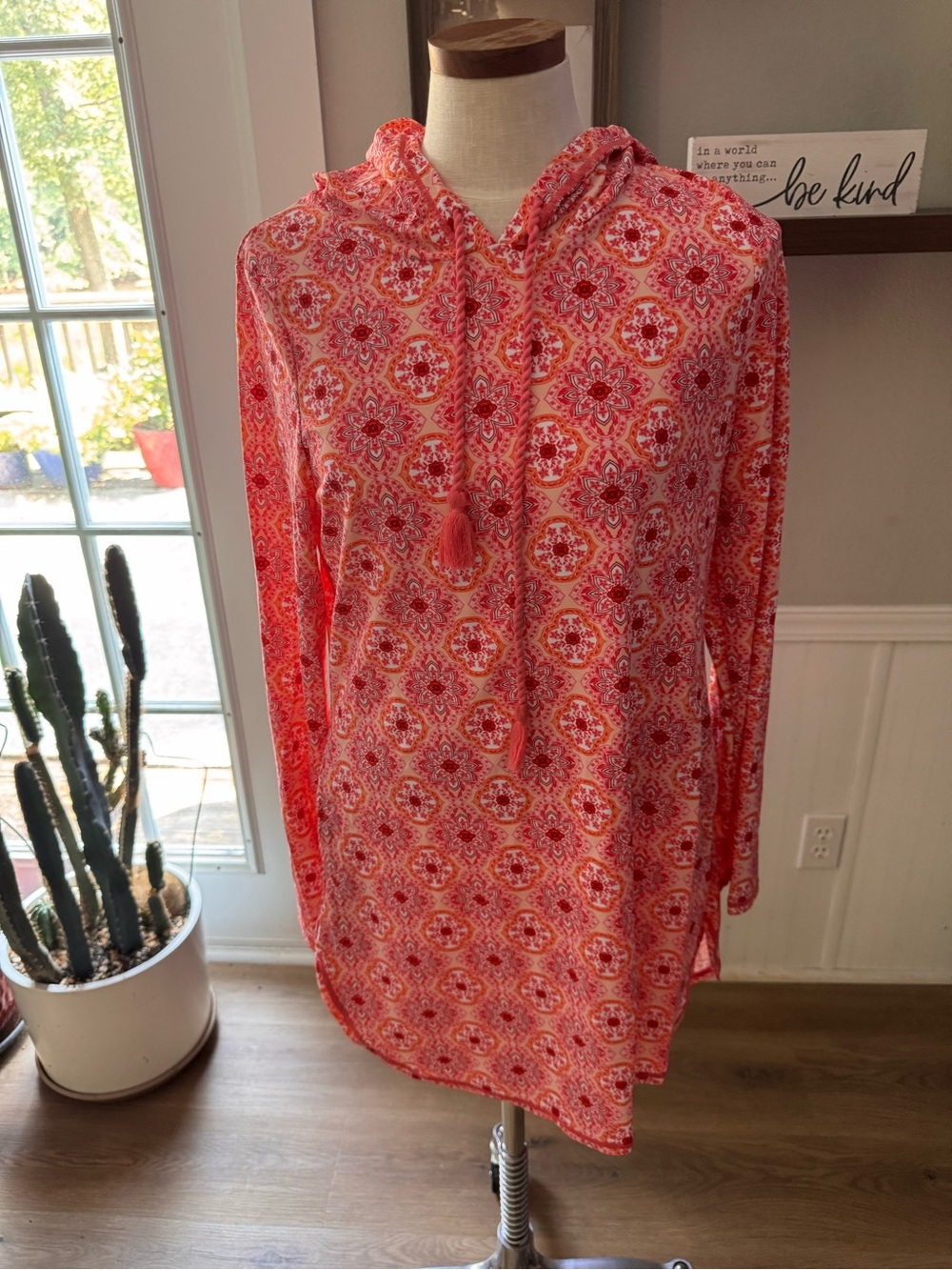 Women’s Coral Patterned Swim Coverup Hooded Tunic